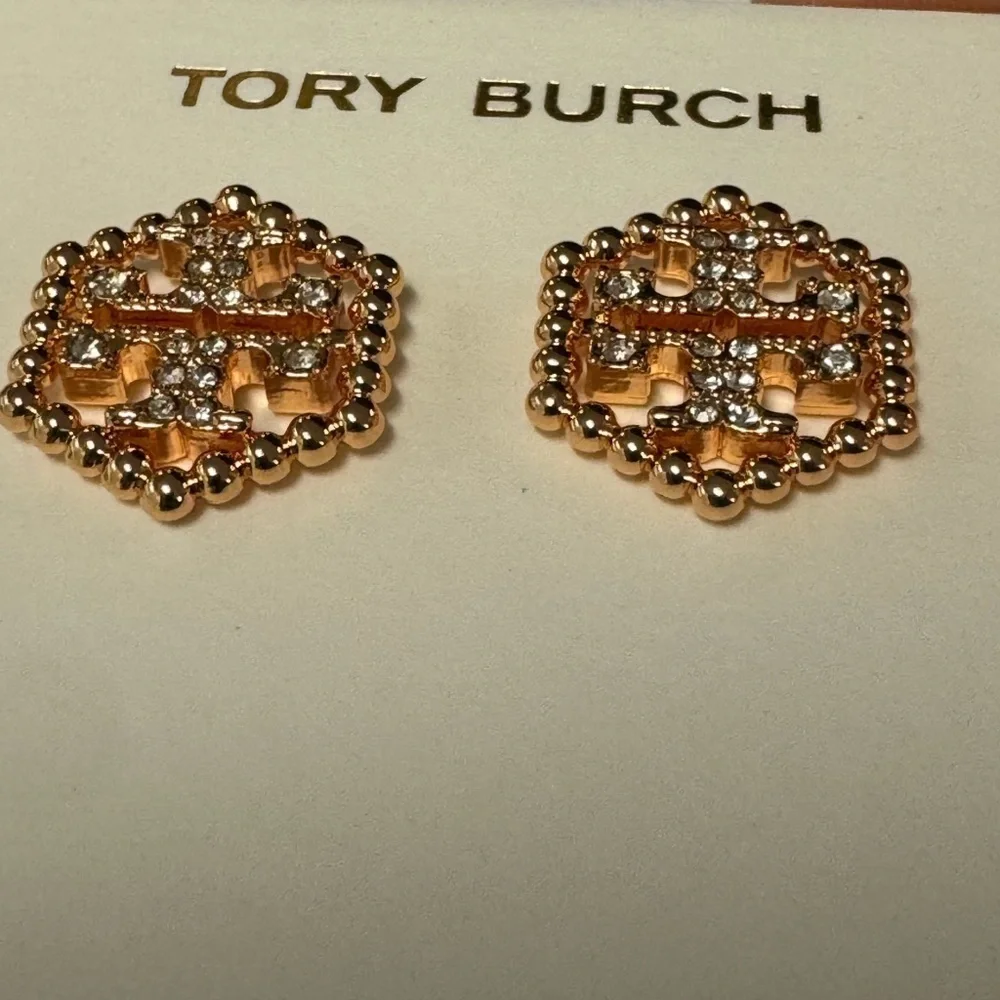 Tory Burch New Milgrain Hex Pavé Rose Gold Stud Earrings